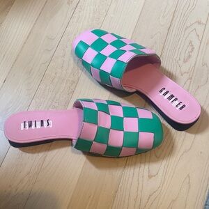 Camper Women's Checkered Pink and Green Mules